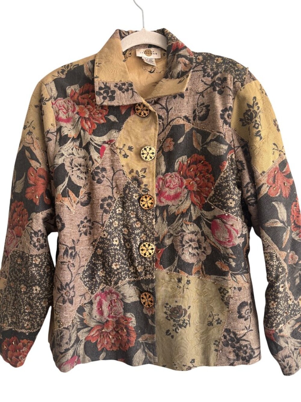 Sandy Starkman Patchwork Floral Jacket L Embellished Silk Boho Button Front